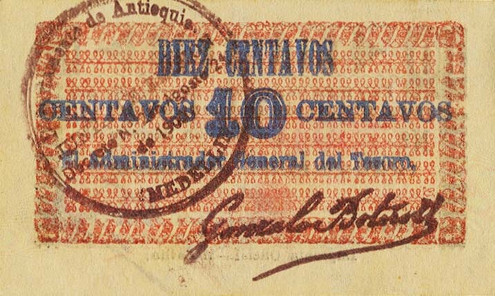 Back of Colombia pS1021c: 10 Centavos from 1901