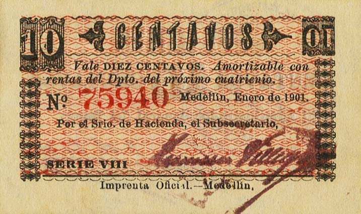Front of Colombia pS1021c: 10 Centavos from 1901