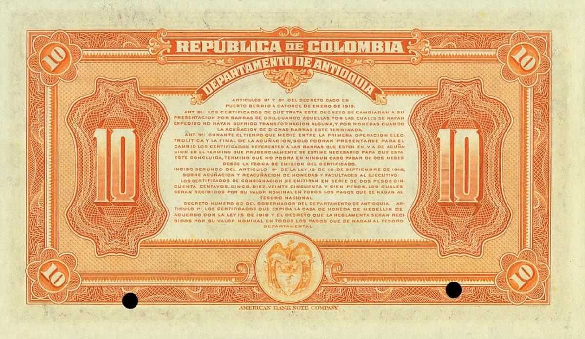 Back of Colombia pS1028s: 10 Pesos from 1919