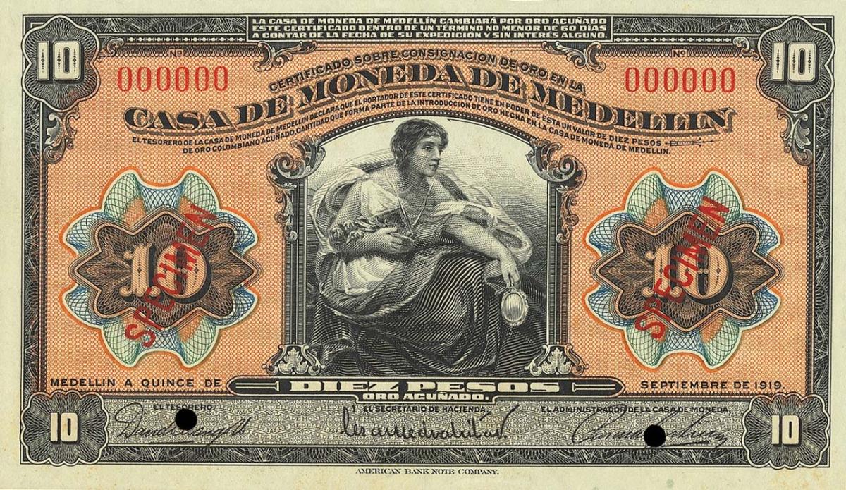 Front of Colombia pS1028s: 10 Pesos from 1919