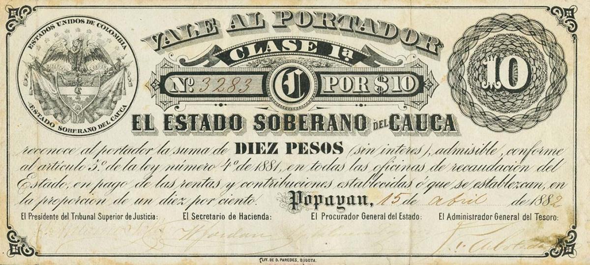Front of Colombia pS143b: 10 Pesos from 1882