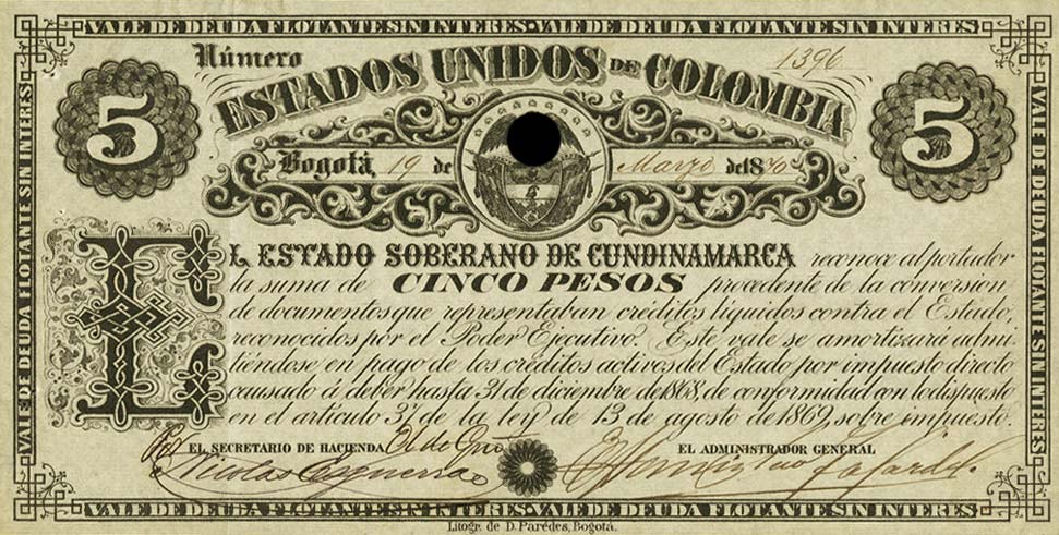 Front of Colombia pS157: 5 Pesos from 1870