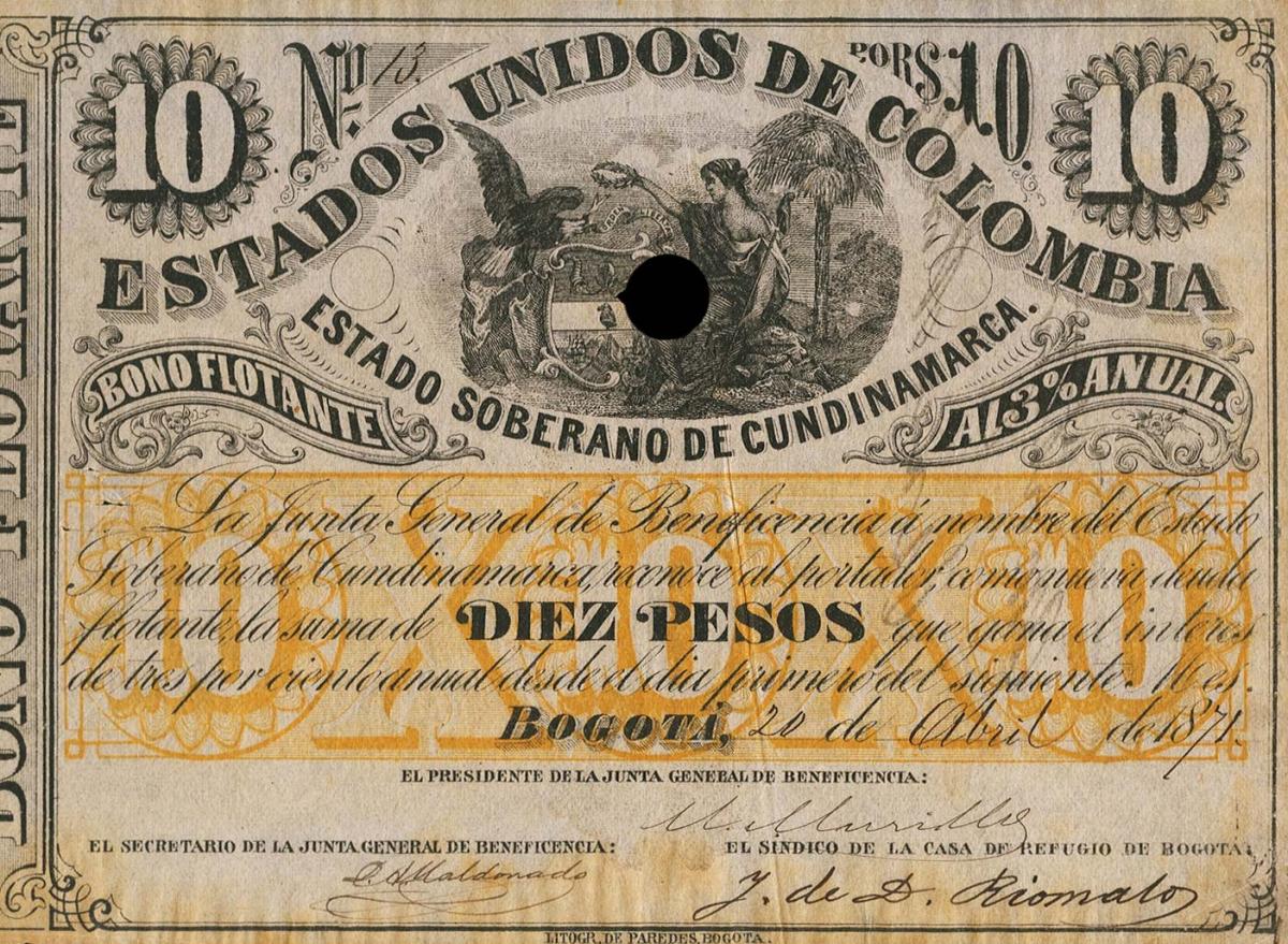 Front of Colombia pS163: 10 Pesos from 1871