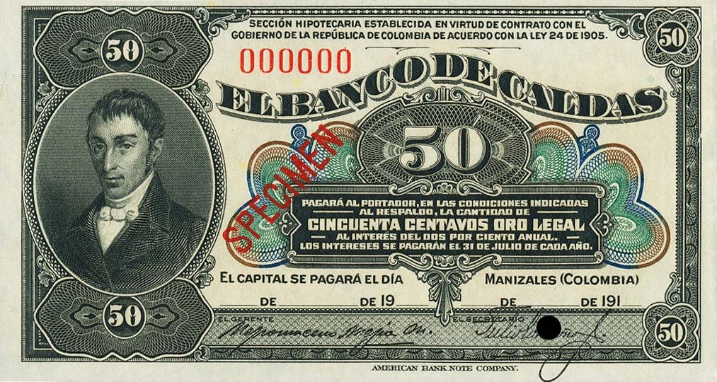 Front of Colombia pS325s: 50 Centavos from 1910