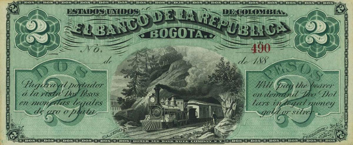 Front of Colombia pS808: 2 Pesos from 1880
