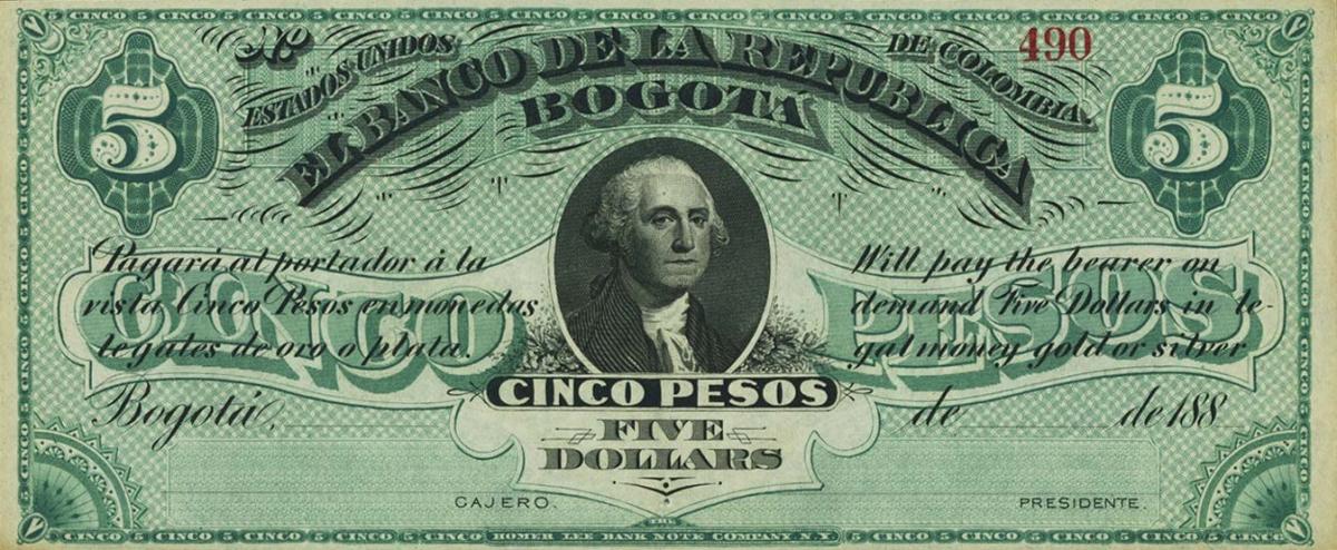 Front of Colombia pS809: 5 Pesos from 1880