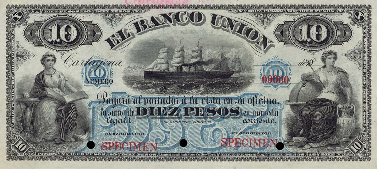 Front of Colombia pS868s: 10 Pesos from 1887