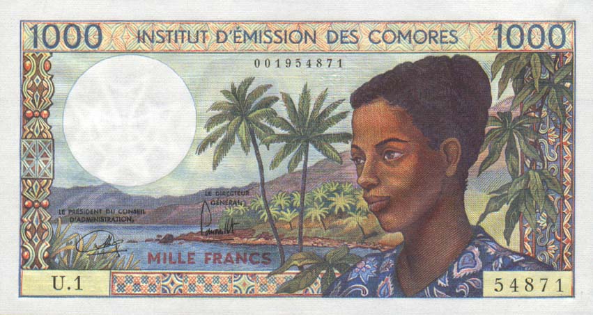 Front of Comoros p8a: 1000 Francs from 1976