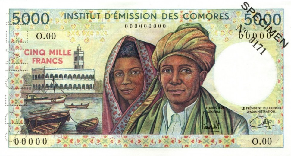 Front of Comoros p9s: 5000 Francs from 1976
