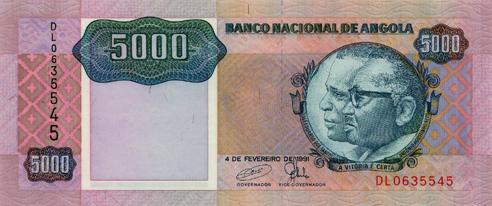 Front of Angola p130c: 5000 Kwanzas from 1991