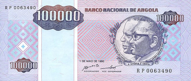 Front of Angola p139: 100000 Kwanzas Reajustados from 1995