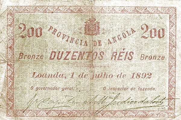 Front of Angola p20B: 200 Reis from 1892