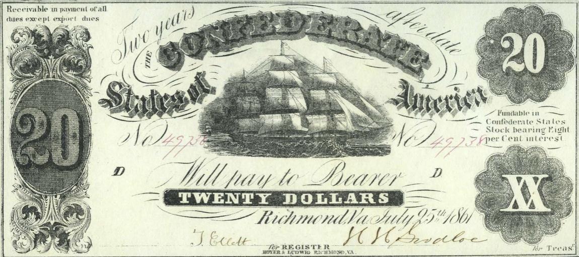 Front of Confederate States of America p10: 20 Dollars from 1861