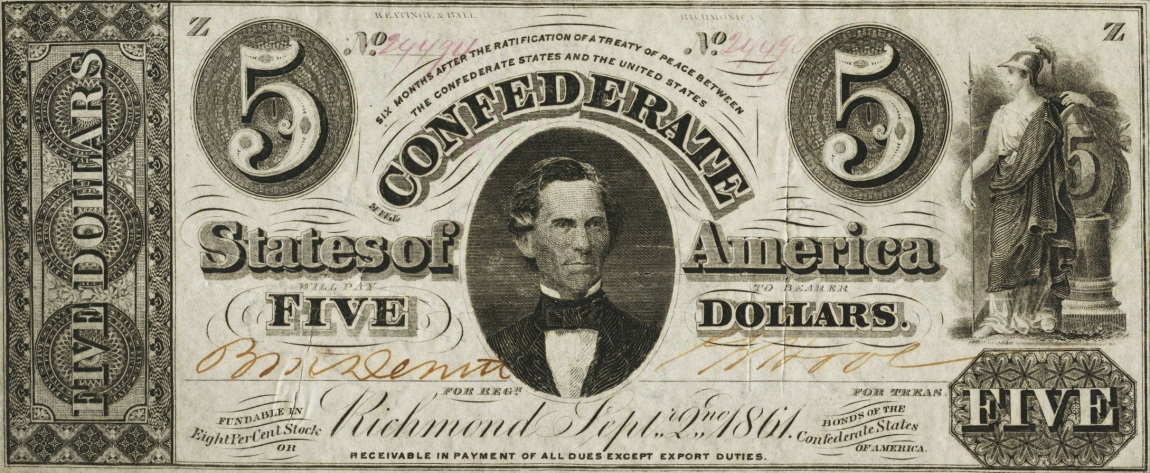 Front of Confederate States of America p17a: 5 Dollars from 1861