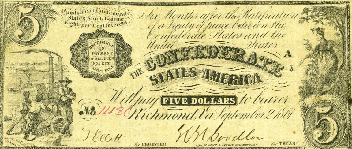 Front of Confederate States of America p18: 5 Dollars from 1861