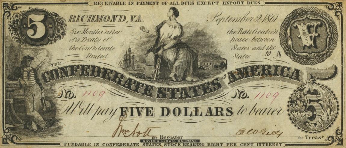 Front of Confederate States of America p19a: 5 Dollars from 1861