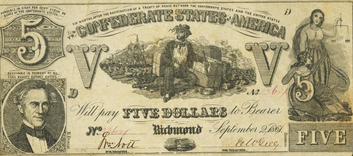 Front of Confederate States of America p20a: 5 Dollars from 1861