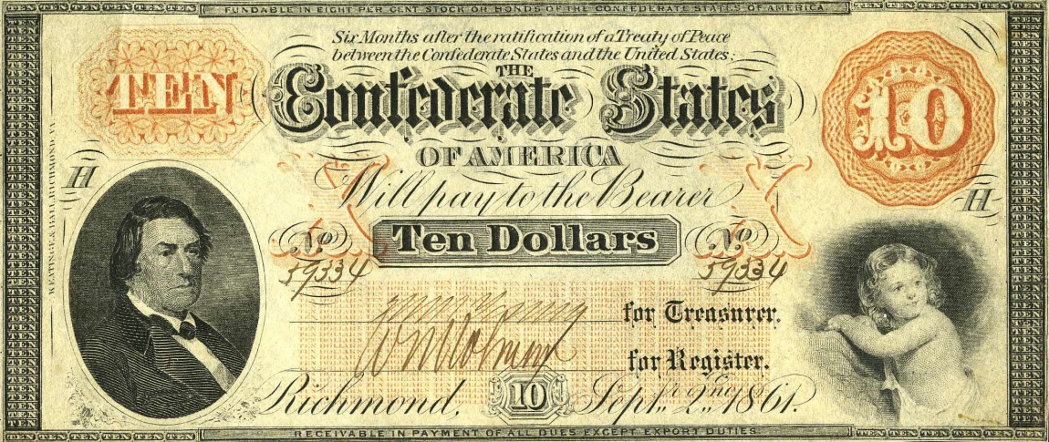Front of Confederate States of America p23b: 10 Dollars from 1861