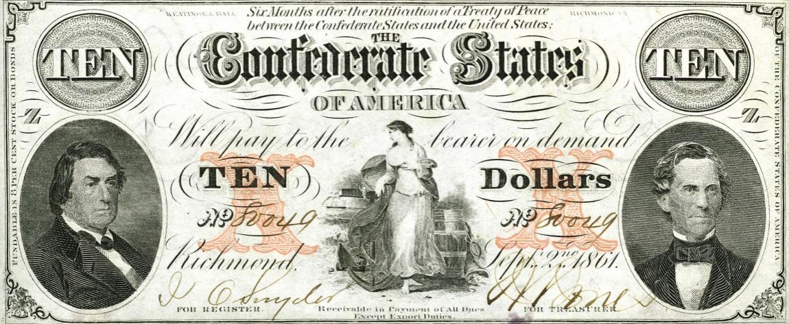 Front of Confederate States of America p25: 10 Dollars from 1861