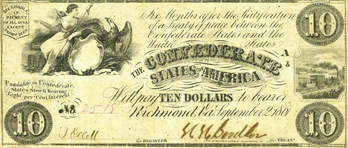 Front of Confederate States of America p26a: 10 Dollars from 1861