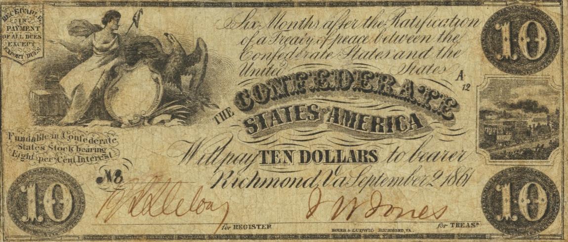 Front of Confederate States of America p26b: 10 Dollars from 1861