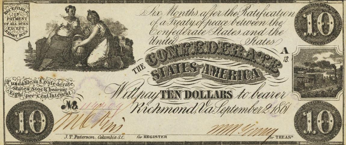 Front of Confederate States of America p27a: 10 Dollars from 1861