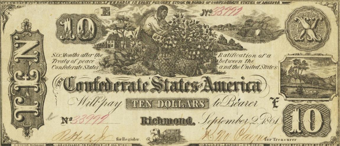Front of Confederate States of America p28: 10 Dollars from 1861