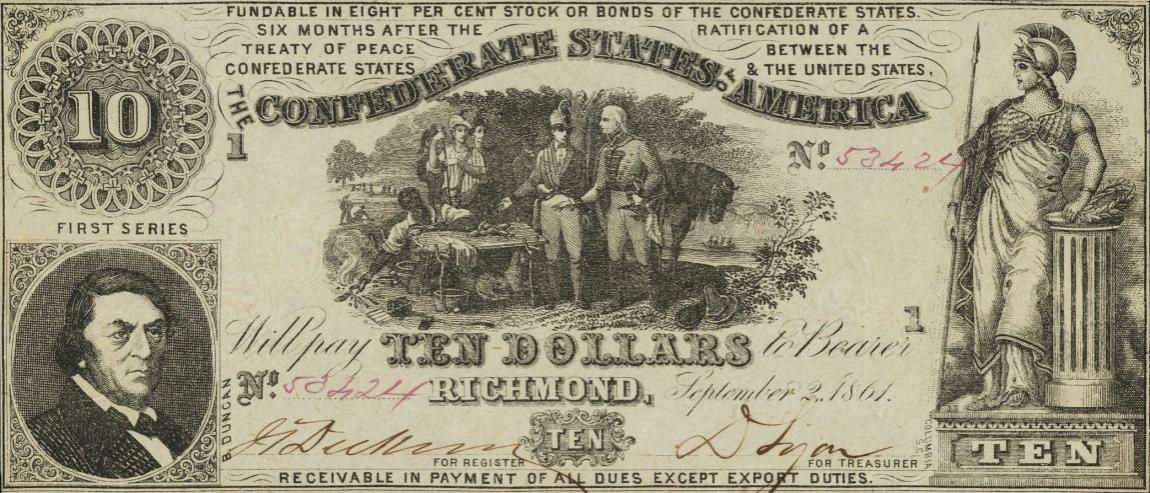 Front of Confederate States of America p29a: 10 Dollars from 1861
