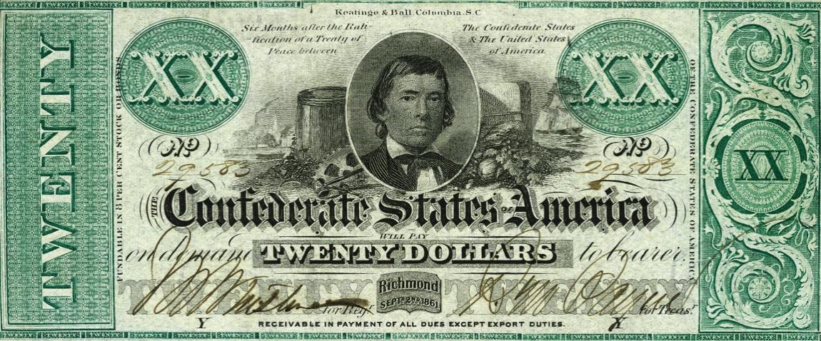 Front of Confederate States of America p34: 20 Dollars from 1861