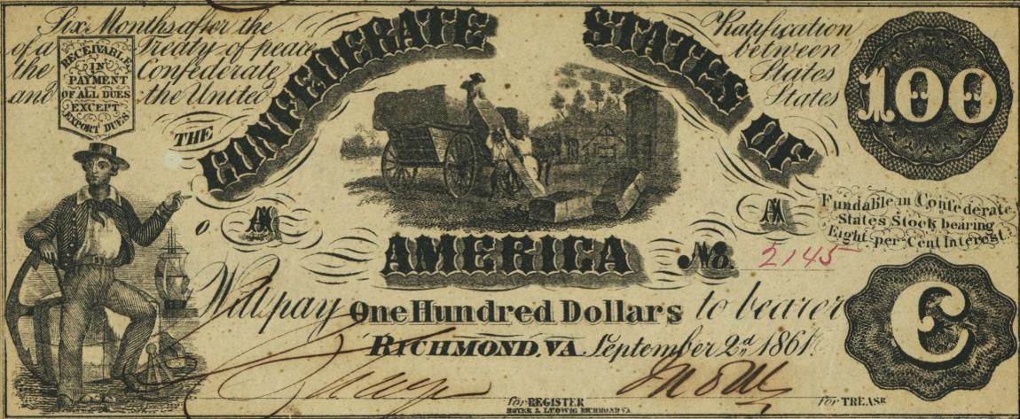 Front of Confederate States of America p38: 100 Dollars from 1861