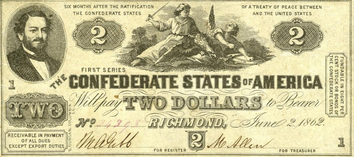 Front of Confederate States of America p41: 2 Dollars from 1862