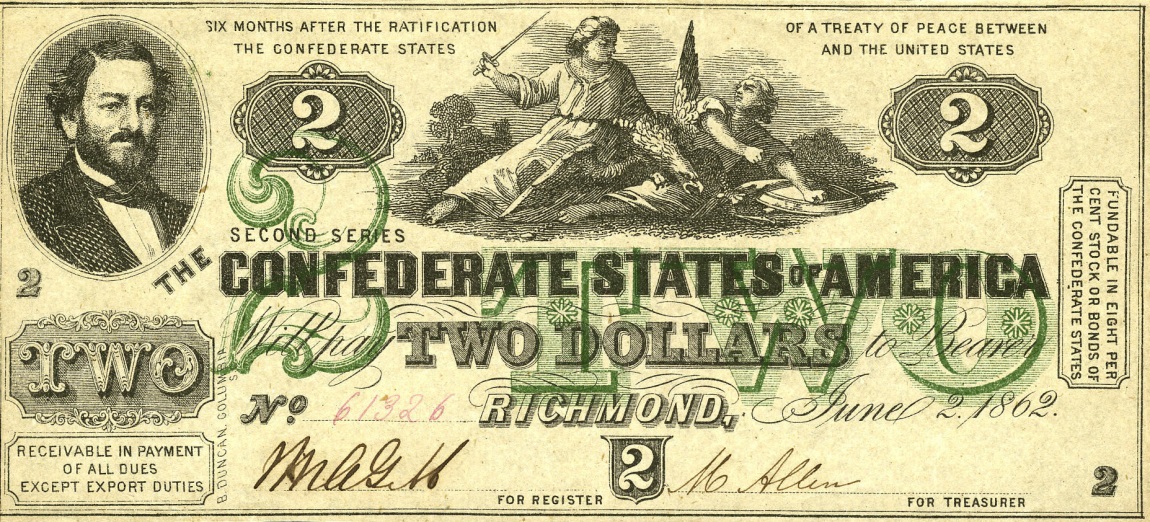 Front of Confederate States of America p42: 2 Dollars from 1862