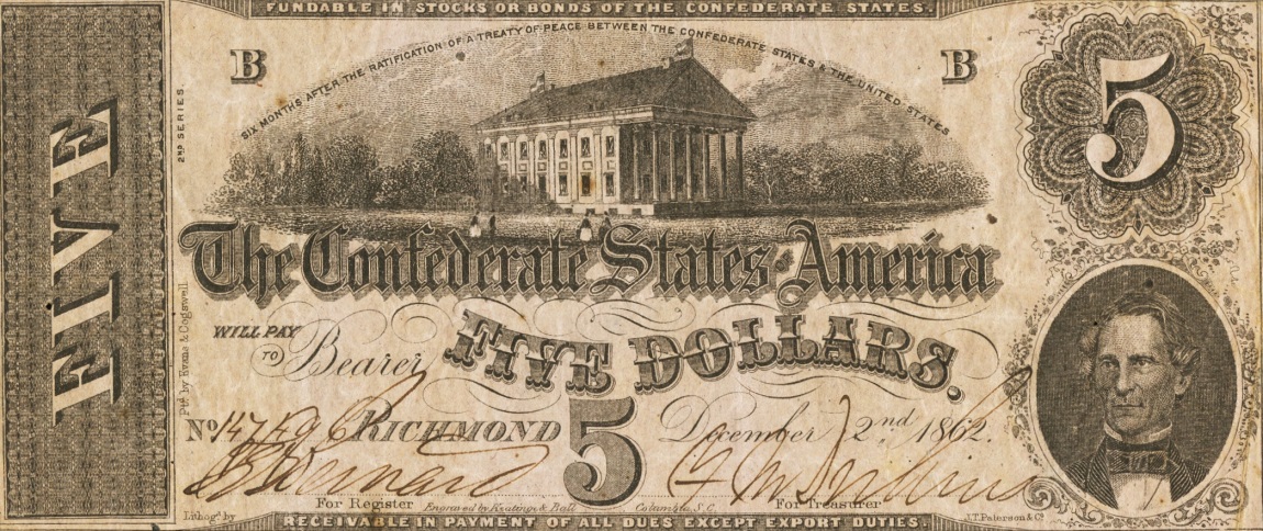Front of Confederate States of America p51e: 5 Dollars from 1862