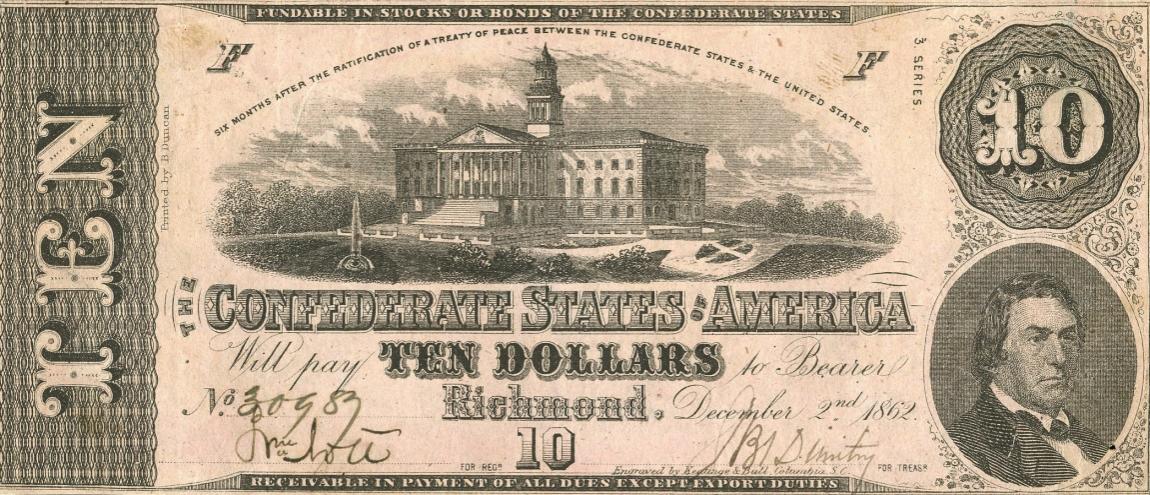 Front of Confederate States of America p52b: 10 Dollars from 1862