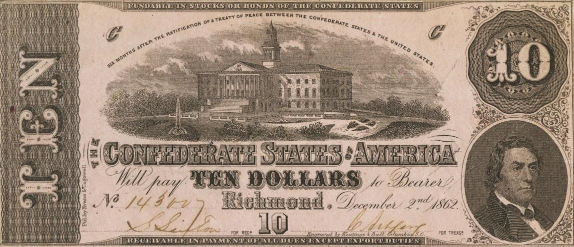 Front of Confederate States of America p52c: 10 Dollars from 1862