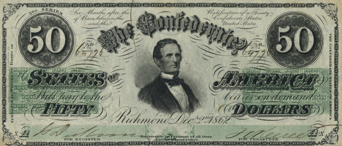 Front of Confederate States of America p54a: 50 Dollars from 1862