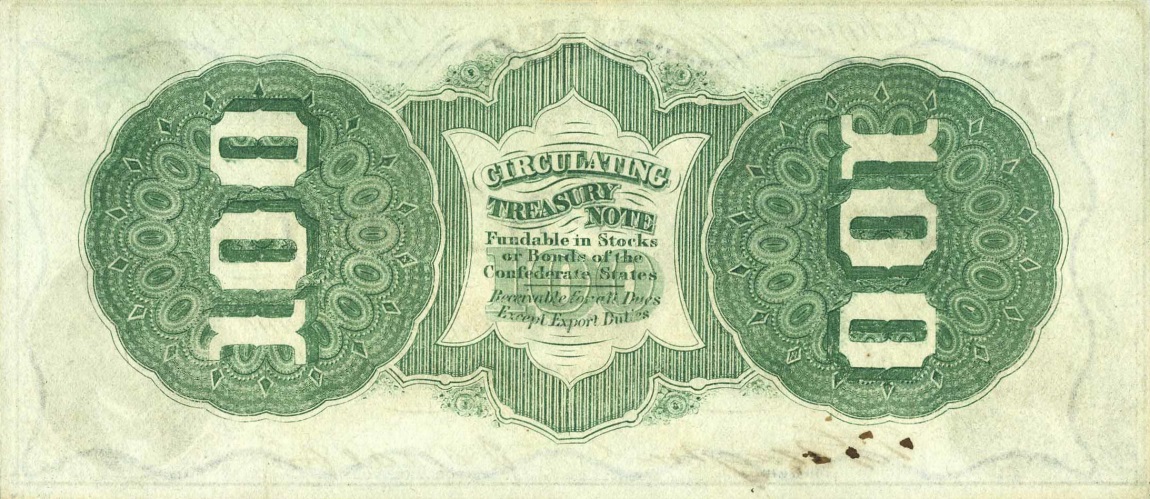 Back of Confederate States of America p55: 100 Dollars from 1862