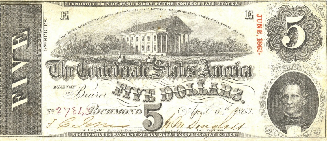 Front of Confederate States of America p59a: 5 Dollars from 1863