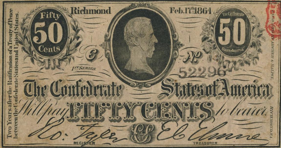 Front of Confederate States of America p64a: 50 Cents from 1864