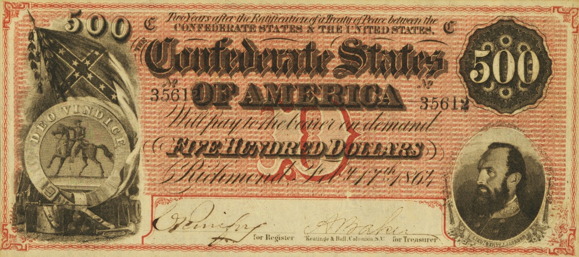 Front of Confederate States of America p73: 500 Dollars from 1864