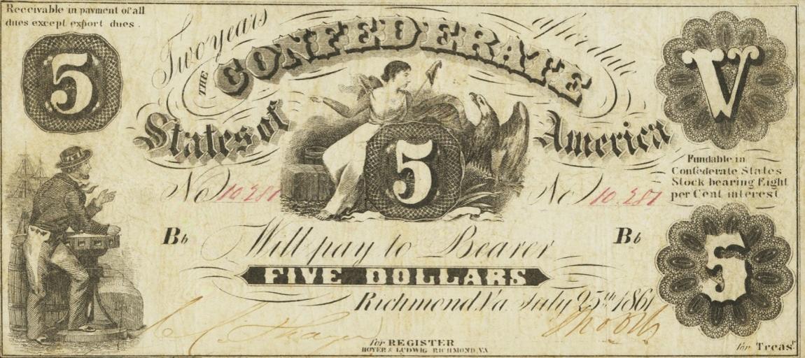 Front of Confederate States of America p8: 5 Dollars from 1861