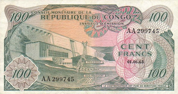 Front of Congo Democratic Republic p1a: 100 Francs from 1963
