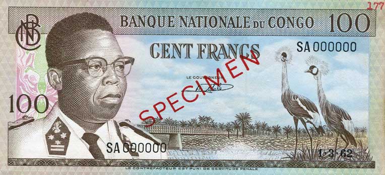 Front of Congo Democratic Republic p6s: 100 Francs from 1961