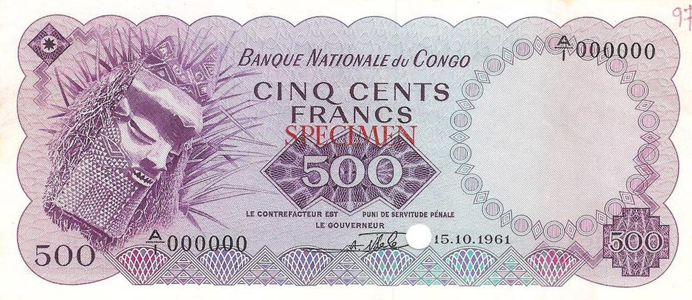 Front of Congo Democratic Republic p7s: 500 Francs from 1961