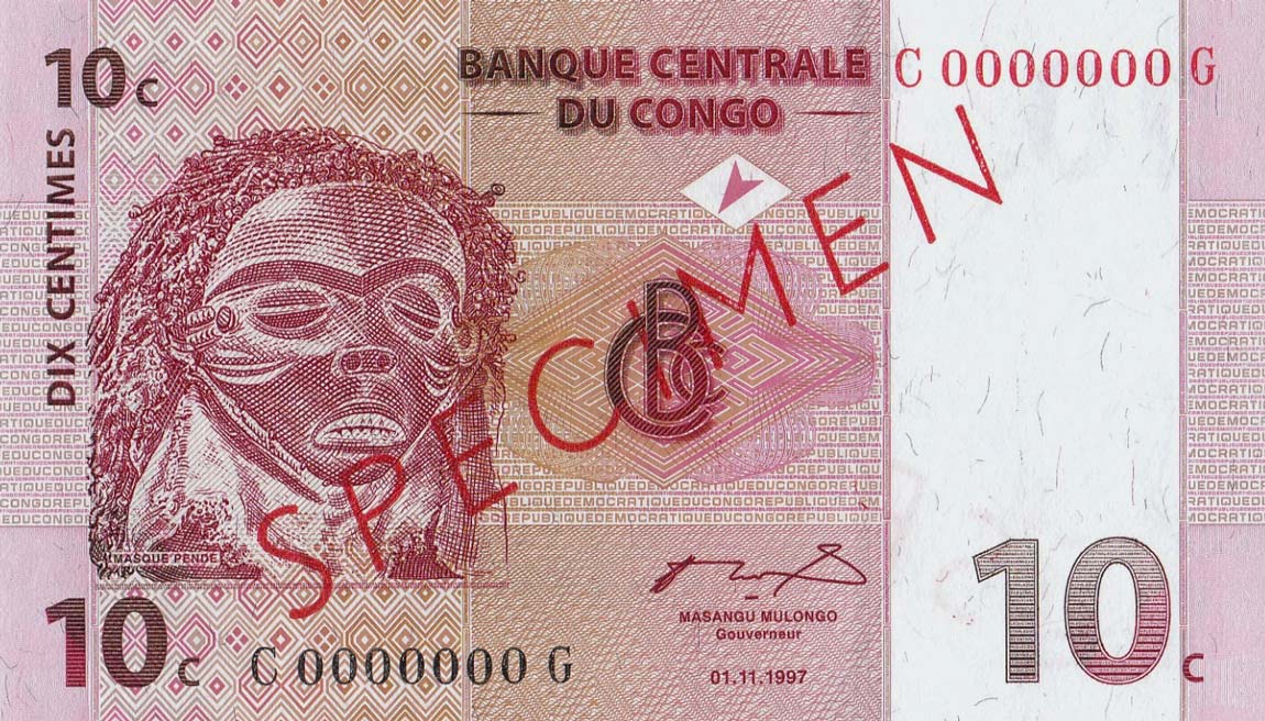 Front of Congo Democratic Republic p82s: 10 Centimes from 1997