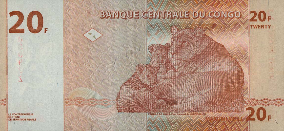 Back of Congo Democratic Republic p88Ar: 20 Francs from 1997