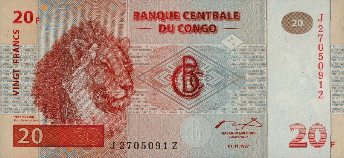 Front of Congo Democratic Republic p88Ar: 20 Francs from 1997