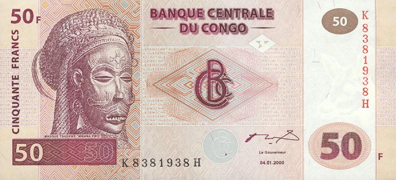 Front of Congo Democratic Republic p91a: 50 Francs from 2000