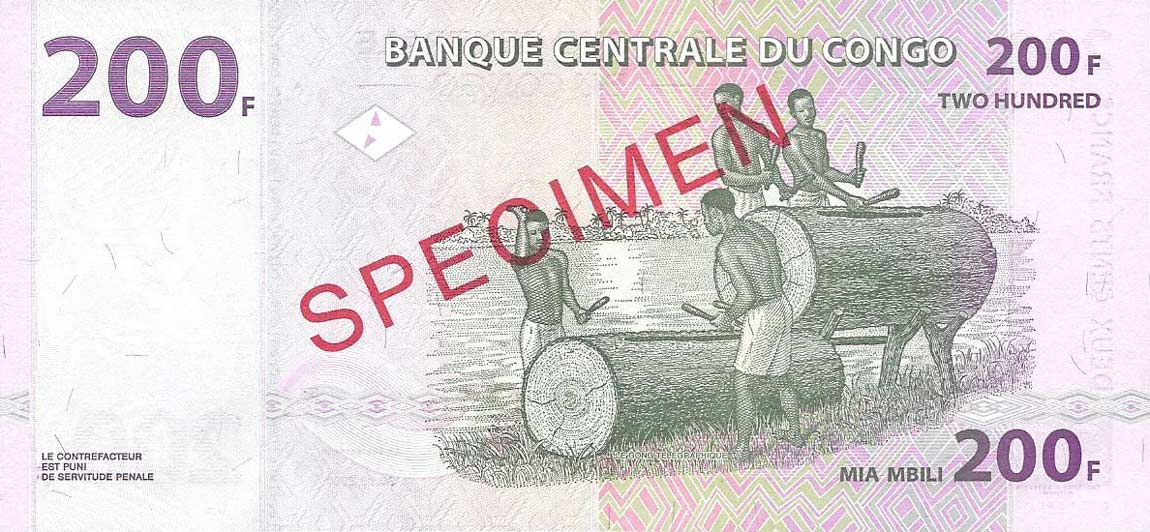 Back of Congo Democratic Republic p95s: 200 Francs from 2000