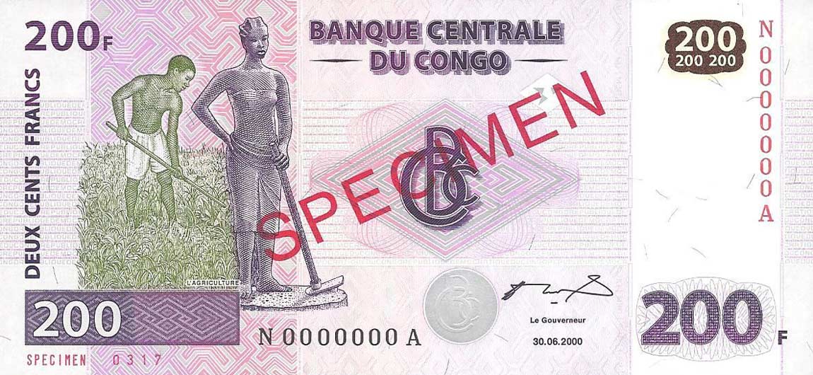 Front of Congo Democratic Republic p95s: 200 Francs from 2000